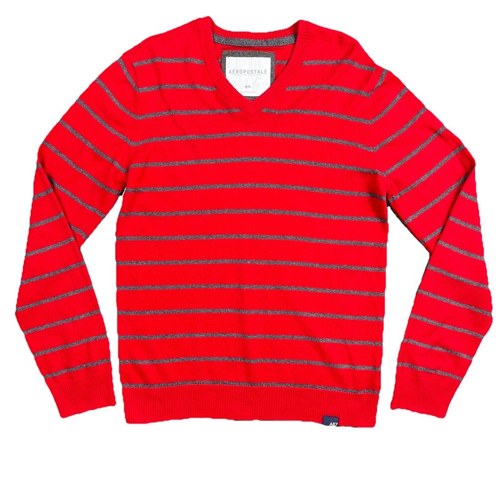 Aeropostale Mens Long Sleeve VNeck Wool Blend Red Gray Stripe Medium Sweater Y2K